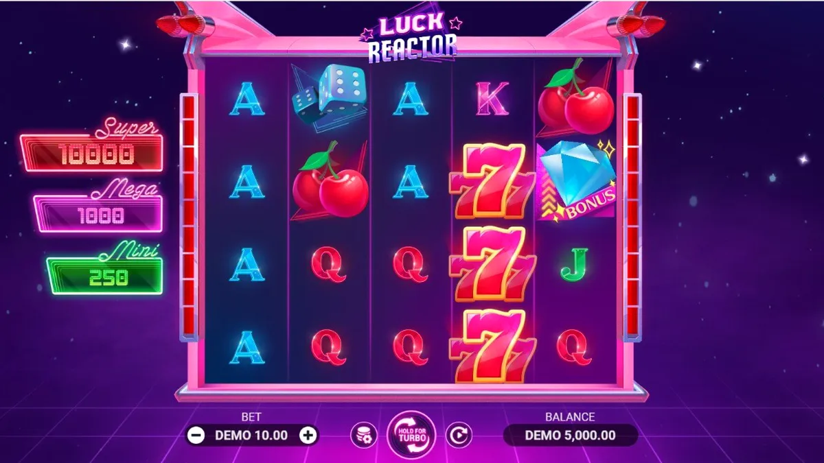 Interface futurista e neon do slot Luck Reactor com símbolos brilhantes