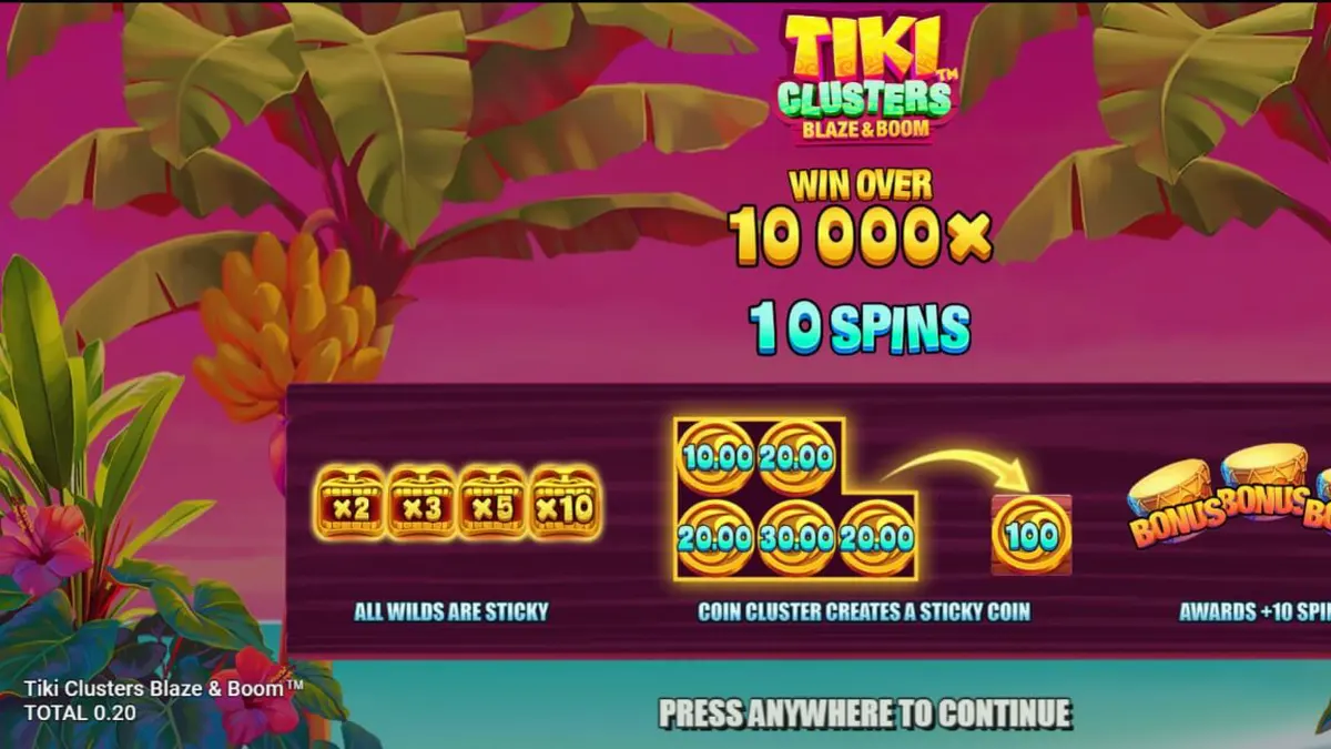 Interface do jogo Tiki Clusters Blaze & Boom com símbolos Tiki e elementos tropicais