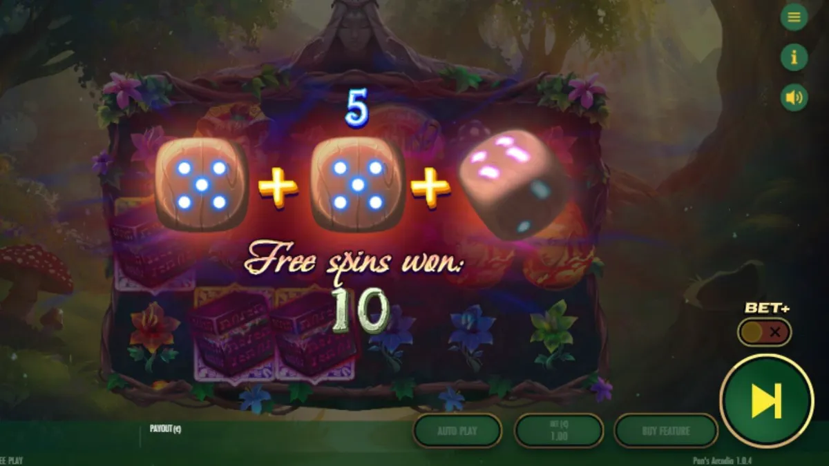 Cena mágica da floresta em Pan's Arcadia com símbolos de ninfas e elementos míticos