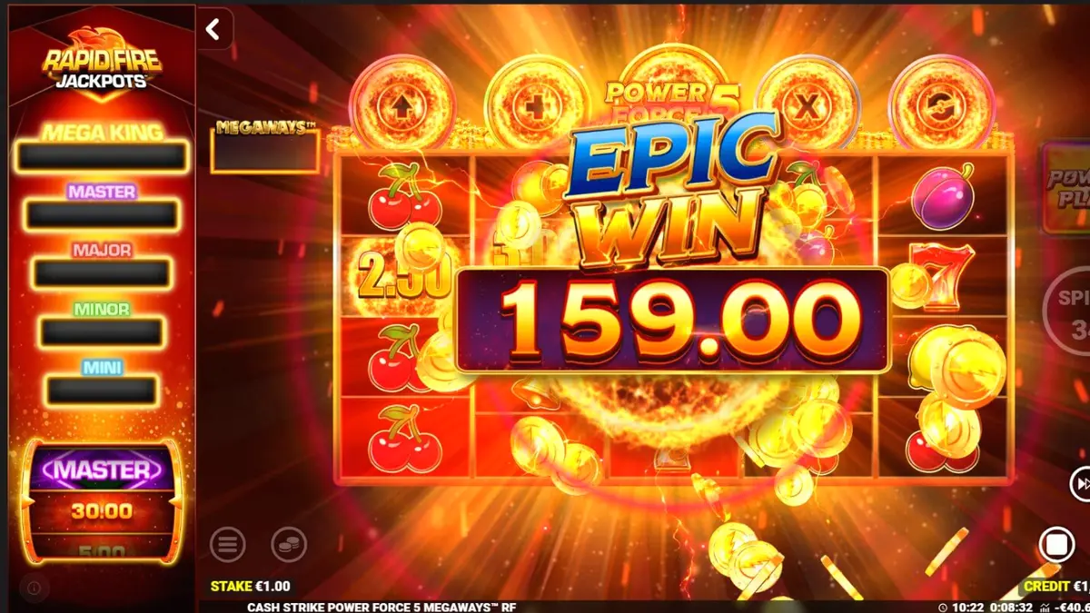 Interface do jogo Cash Strike Power Force 5 Megaways com símbolos de frutas e painel de coleta.